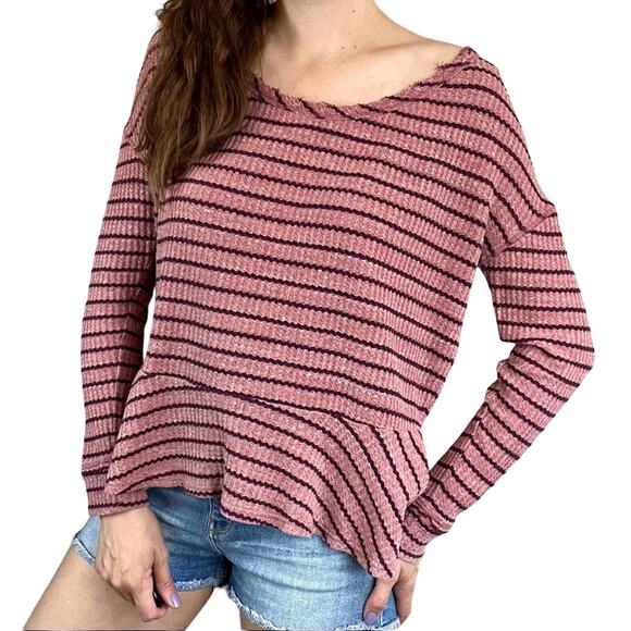 We the Free pink and purple striped waffle knit peplum long sleeve blouse size S - Picture 1 of 6